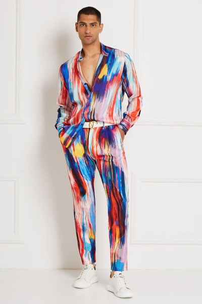 ColorBlock Print Straight-lined Pleated Pants With Side Pockets