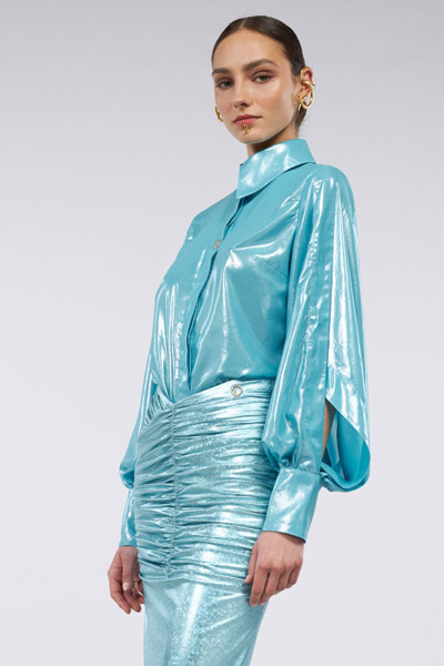 Shiny-Effect Collared Shirt With Puffed Sleeves