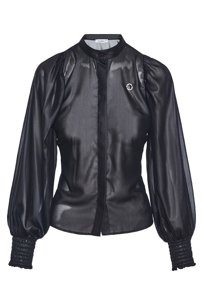 Leather Chiffon Shirt With Mao Collar And Puffed Sleeves
