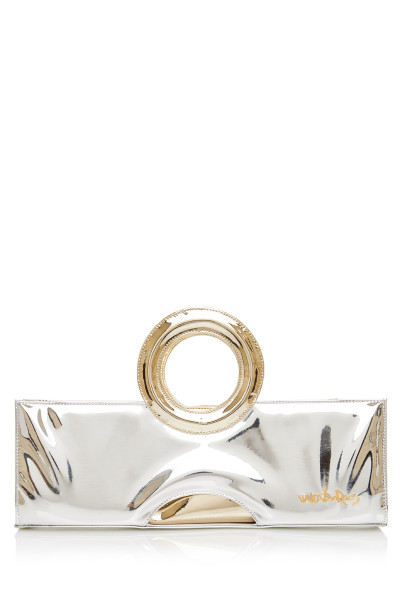 High-Shine Parallelogram Top Ring Handle Bag In Metallic Silver Patent Leather