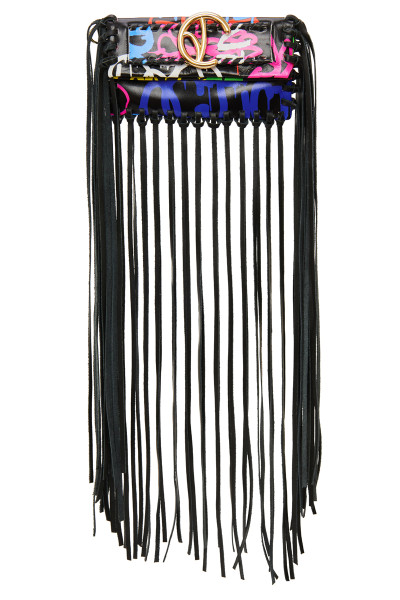 Small-Sized Fringe Graffiti Print Leather Clutch Bag With Logo Buckle Belt Detail & Whipstitch Trims