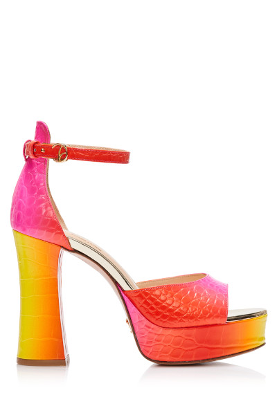 Mock-Croc Patent Leather Cross-Strap Sandals With Chunky Heels In Gradient Rainbow Color 