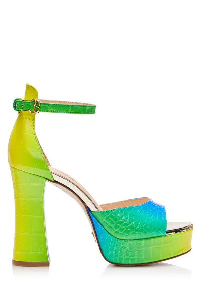 Mock-Croc Patent Leather Cross-Strap Sandals With Chunky Heels In Gradient Rainbow Color 