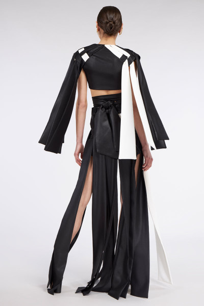 Two-Toned Leather-Look Maxi Thigh-High Paneled Split Skort With Braided Detail