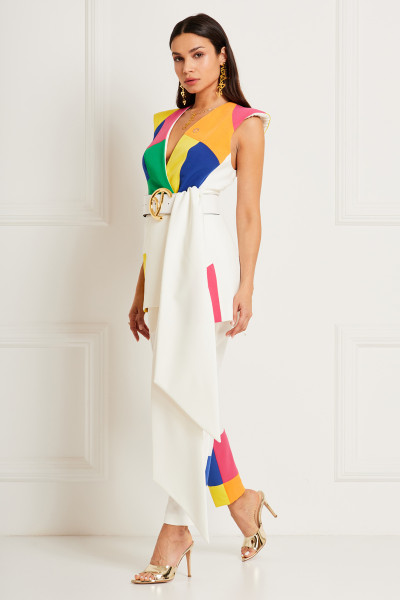 ColorBlock Puzzle Patchwork Vest With Padded  Shoulders & Asymmetric Hemline In Crepe Textile