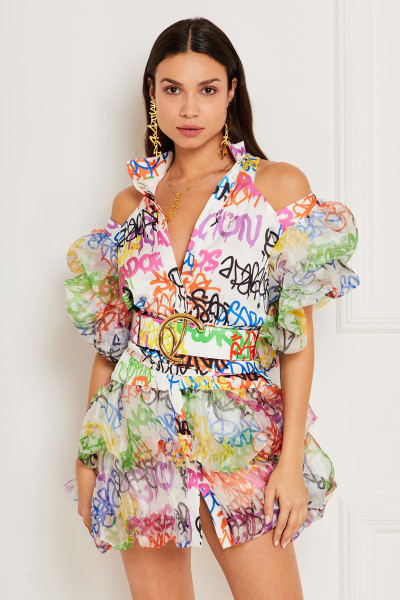 Graffiti Print Balloon Shirt Dress With Collar & Puff Sleeves In Organza - Satin Textiles Blend