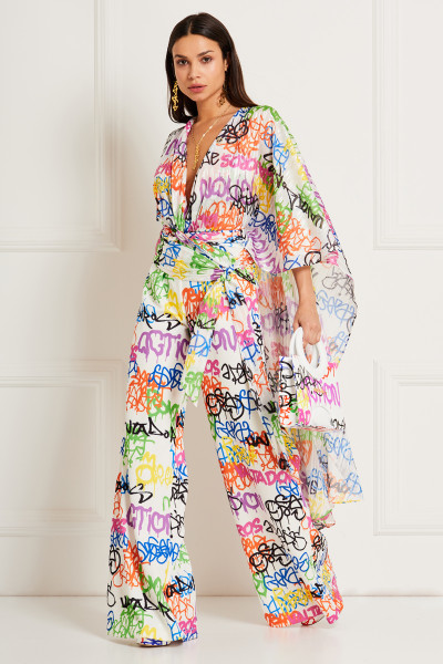 Graffiti Print Jumpsuit With Plunging Neck & Long Tie-Back Sleeves In Metallic-Thread Muslin Textile