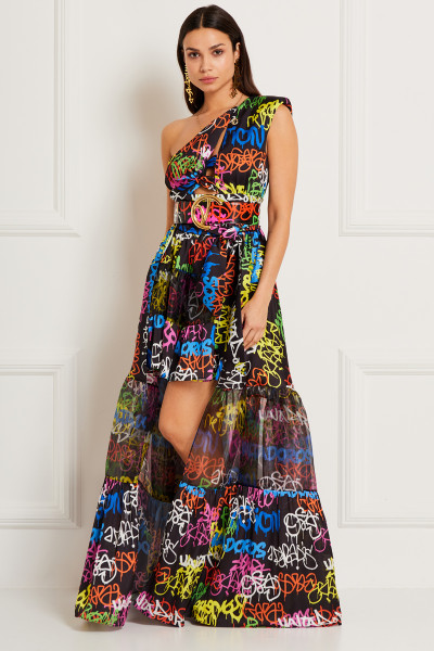 Graffiti Print High-Low Dress With One Shoulder & Draped Knot Cut-Out In Organza – Satin Textiles Blend