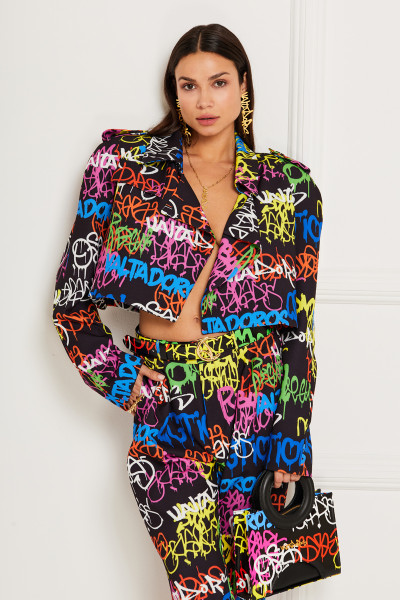 Graffiti Print Cropped Boxy Jacket With Epaulettes In Crepe Textile
