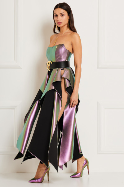 Iridescent Strapless Top With Cascading Sweeping  Panels In Soft Vinyl-Finish Textile