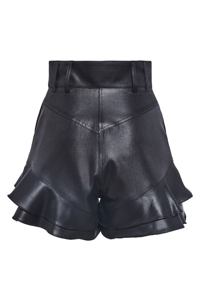 High-Rise Faux Leather Ruffled Shorts