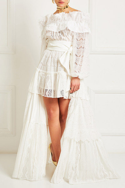 Off-The-Shoulder Tiered Ruffle Lace Dress With Asymmetric Hem And Fringe Detailed Neckline 
