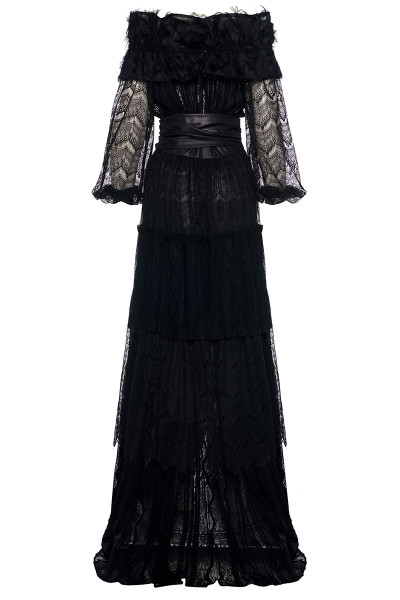 Off-The-Shoulder Tiered Ruffle Maxi Lace Dress With Puffed Bell Sleeves And Fringe Detailed Neckline