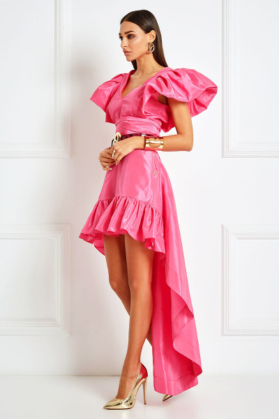 Plunging Neckline Top With Statement Puff Sleeves & Belts In Silky Taffeta