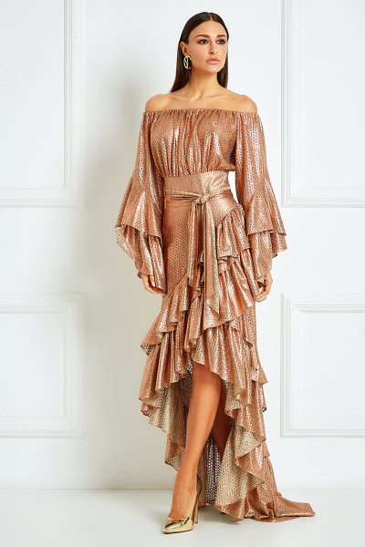 Off-Shoulder Dress With Layer-Pleated Asymmetrical Hemline & Belts In Metallic Rose Gold Lace