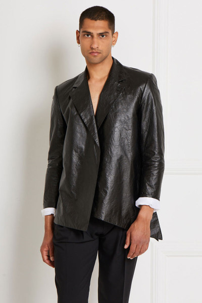 Paper-Look Straight-Lined Lapelled Blazer With Asymmetric Hem