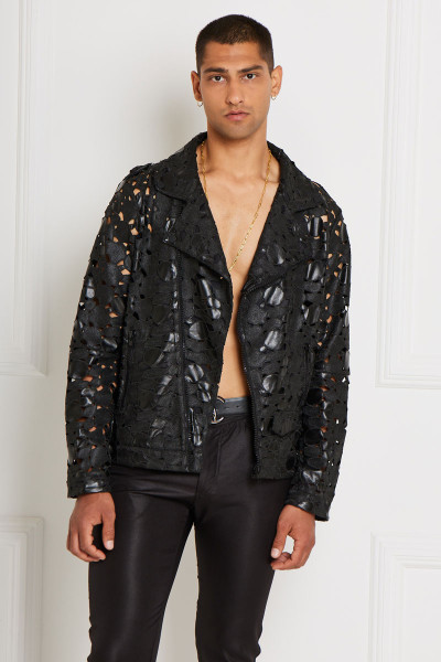 Leather-Look Perforated Lace Jacket With Lapels
