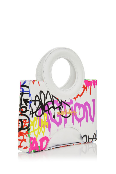 Graffiti Print Top Ring Handle Leather Bag With Detachable CrossBody Strap
