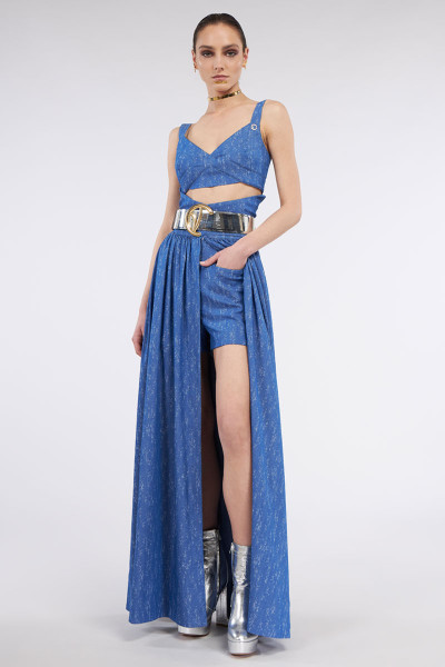 High-Waist Denim-Look Shorts With Long Cape Belted Skirt And Pockets