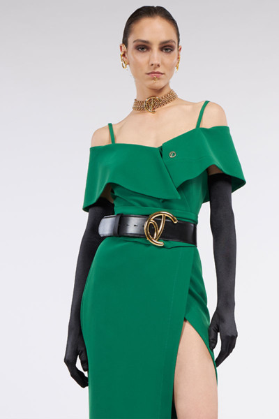 Μidi Thigh-High Dress With Ruffled Bust Detail And Belt