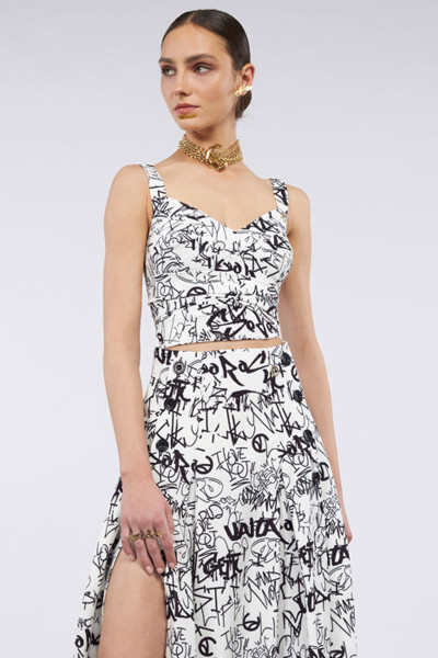 Graffiti Print High-Waist Maxi Skirt With Decorative Buttons And Thigh-High Slit