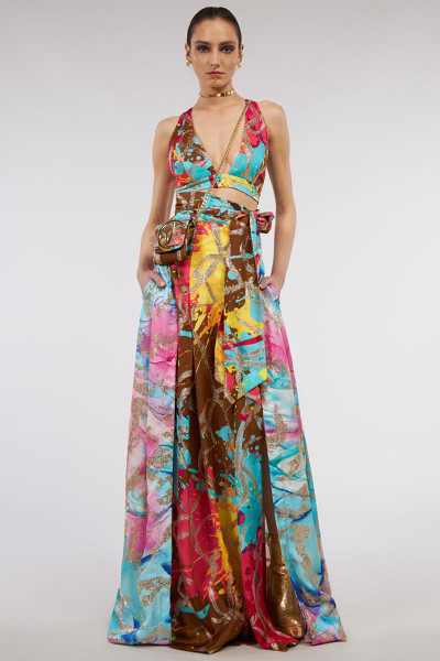 Double Tigh-High Slit Maxi Multicilored Skirt With Side Pockets And Pleats