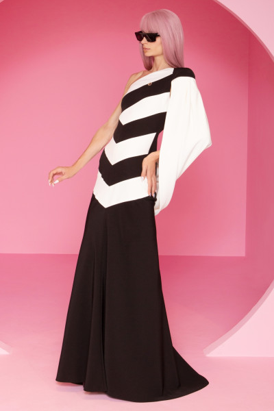 One Shoulder Graphic Gown With Attached Cape Sleeve