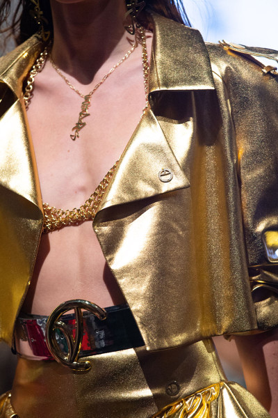 Crop Lapelled Jacket With Lapels And Epaulettes In Shiny Golden Shade