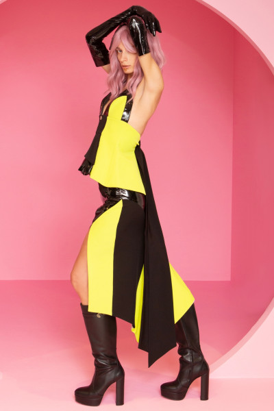 High Rise Asymmetrical Midi Pencil Skirt With Closable Slit