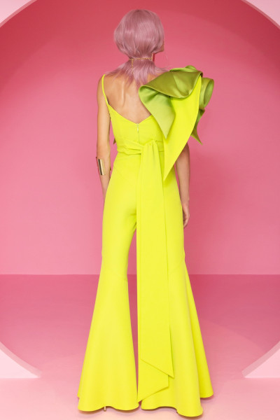 Bell Bottom Jumpsuit with Satin Ruffle Appliqué