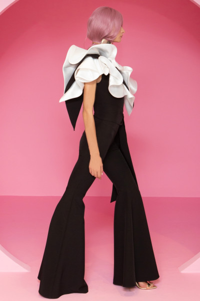 Bell Bottom Jumpsuit with Satin Ruffle Appliqué
