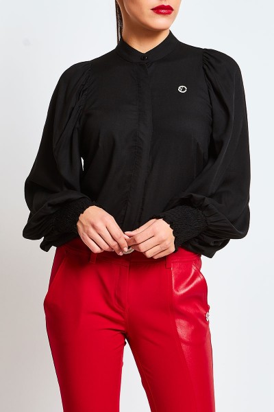 Cotton Voile Shirt With Mao Collar And Puffed Sleeves