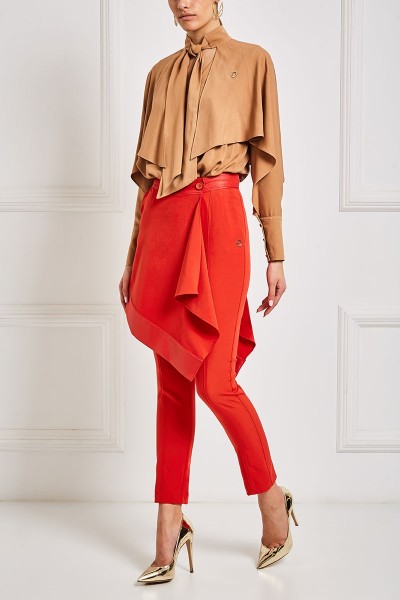 Layered Cigarette Pants With Leather Trim Flounce 