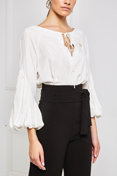 Voile Blouse With Bishop Sleeves And Tie Neckline