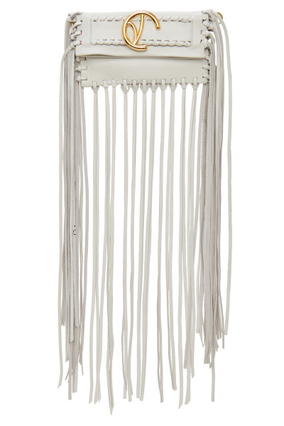 Small-Sized Fringe Clutch Bag With Logo Buckle Belt Detail & Whipstitch Trims In Matte Leather