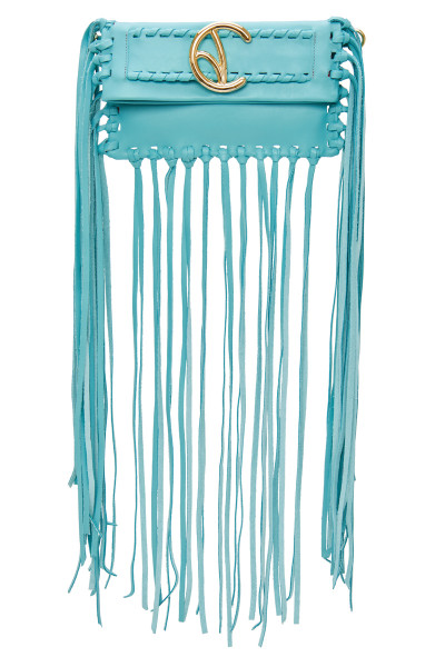 Small-Sized Fringe Clutch Bag With Logo Buckle Belt Detail & Whipstitch Trims In Matte Leather