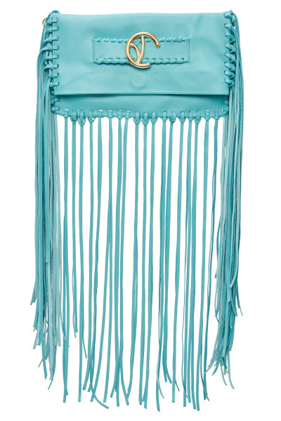 Medium-Sized Fringe Clutch Bag With Logo Buckle Belt Detail & Whipstitch Trims In Matte Leather