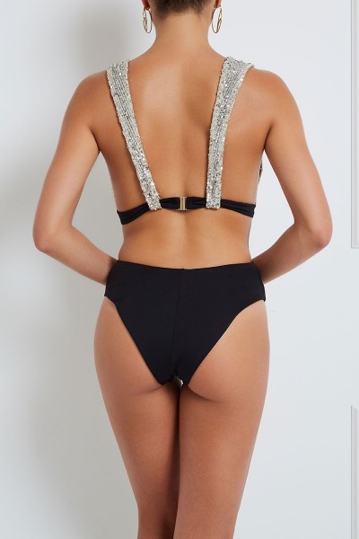 One-Piece Cut-Out Swimsuit With Plunging Neckline And Sequin Top
