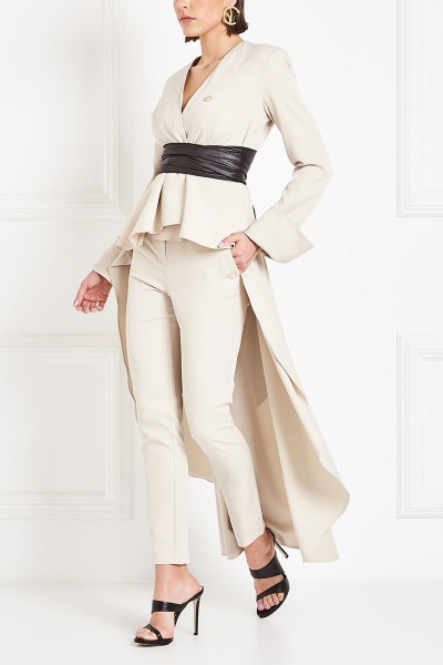 Fit-And-Flare Wrap Jacket With Long Back And Inset Leather-Finish Belts