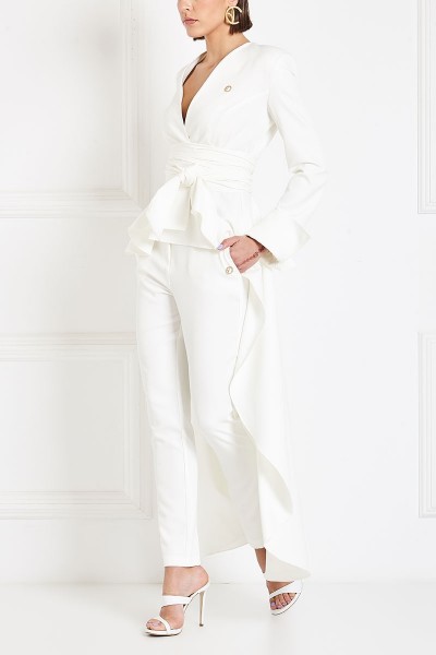 High-Rise Cigarette Pants With Asymmetric Leather Waist Band