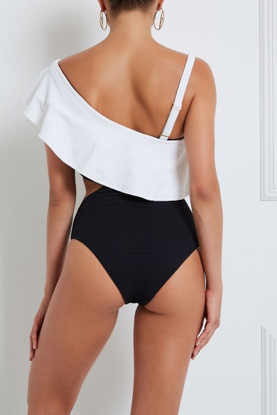 One-Piece Cut-Out Swimsuit With One-Shoulder Flounce Neckline