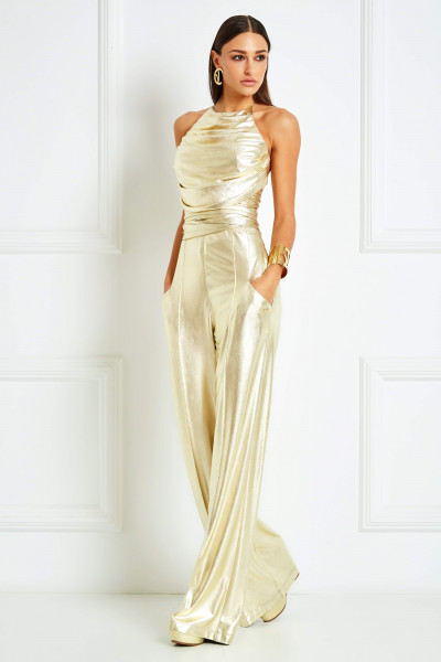 Mirror-Gold Draped Halterneck Crop Top With Plunging Back & Belts