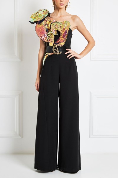 One-Shoulder Jumpsuit With 3D Spiral-Geometry Bodice
