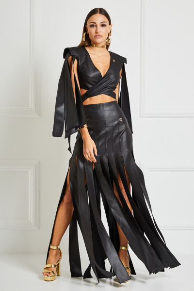 Tailored Maxi Skirt With Split Paneled Hem & Geometric Pintucks In Leather Finish Textile