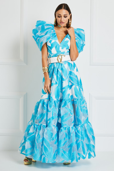 Tiered Belted Maxi Dress With Draped Puff Shoulders & Plunging Neck In Brocade Organza