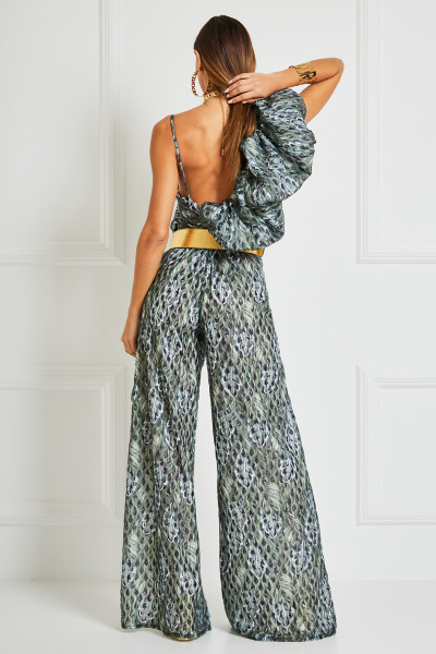 Strapped Belted Jumpsuit With Puff Shoulder & Split Wide Legs In 3D Peacock Feather Lace