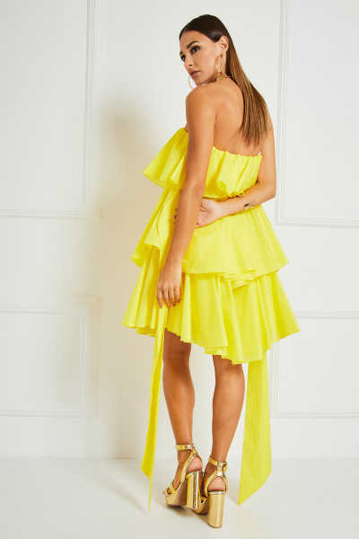 Strapless Cocktail Dress With Cascading Ruffled Volume & Belts In Silk-Finish Cotton Textile 