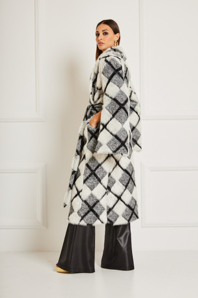 Long Belted Coat With Oversized Statement Lapel & Split Sleeves In Lurex Tartan Faux Fur