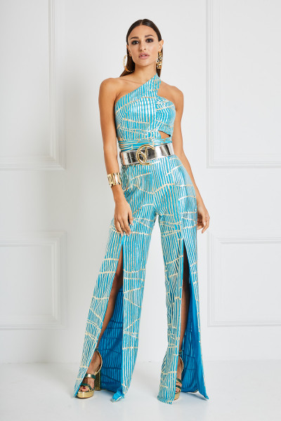 Cut-Out Belted Jumpsuit With One Shoulder & Split Legs In Gold Foil Textile