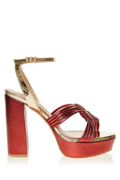 Raffia Knot Sandals With Open Chunky High Heels In Two-Tone Patent-Matte Leather Blend